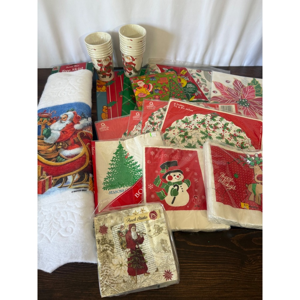 Vintage Christmas Party Supplies Lot Tree Skirt Tablecloth Napkins Wrap Doilies